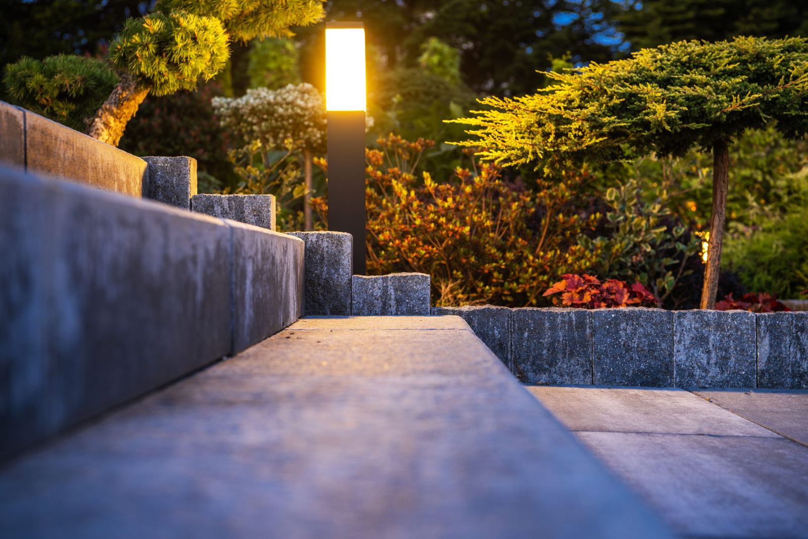 Concrete steps and seat wall with landscape lighting at dusk